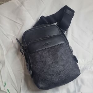 Coach Leather Men's Belt Bag, Black Signature Print With Small Dust Bag